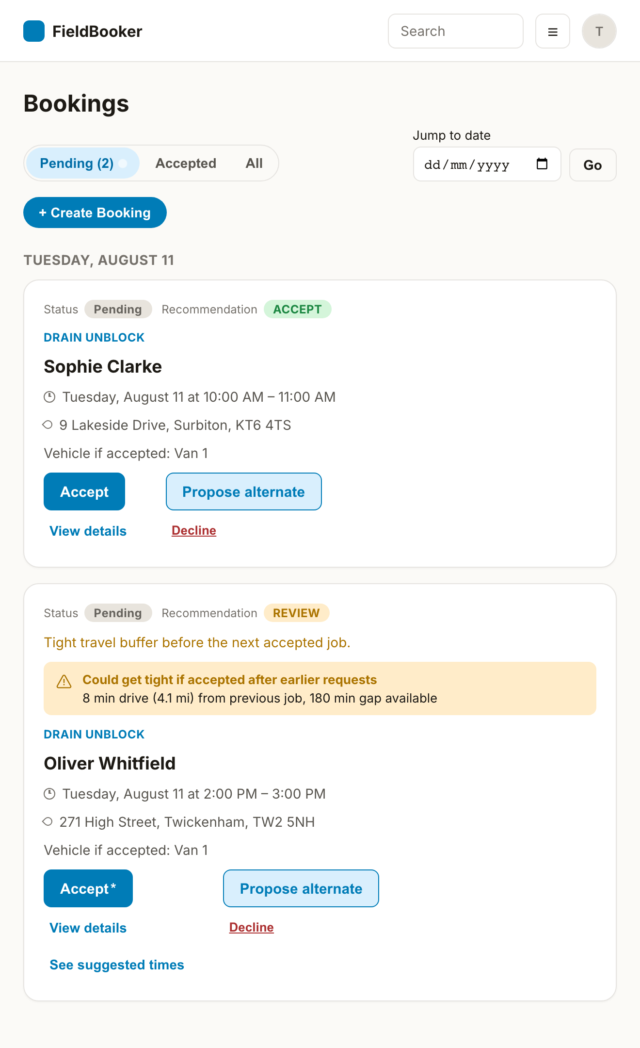 Screenshot of the Bookings page showing a list of pending and accepted requests, each with a feasibility recommendation