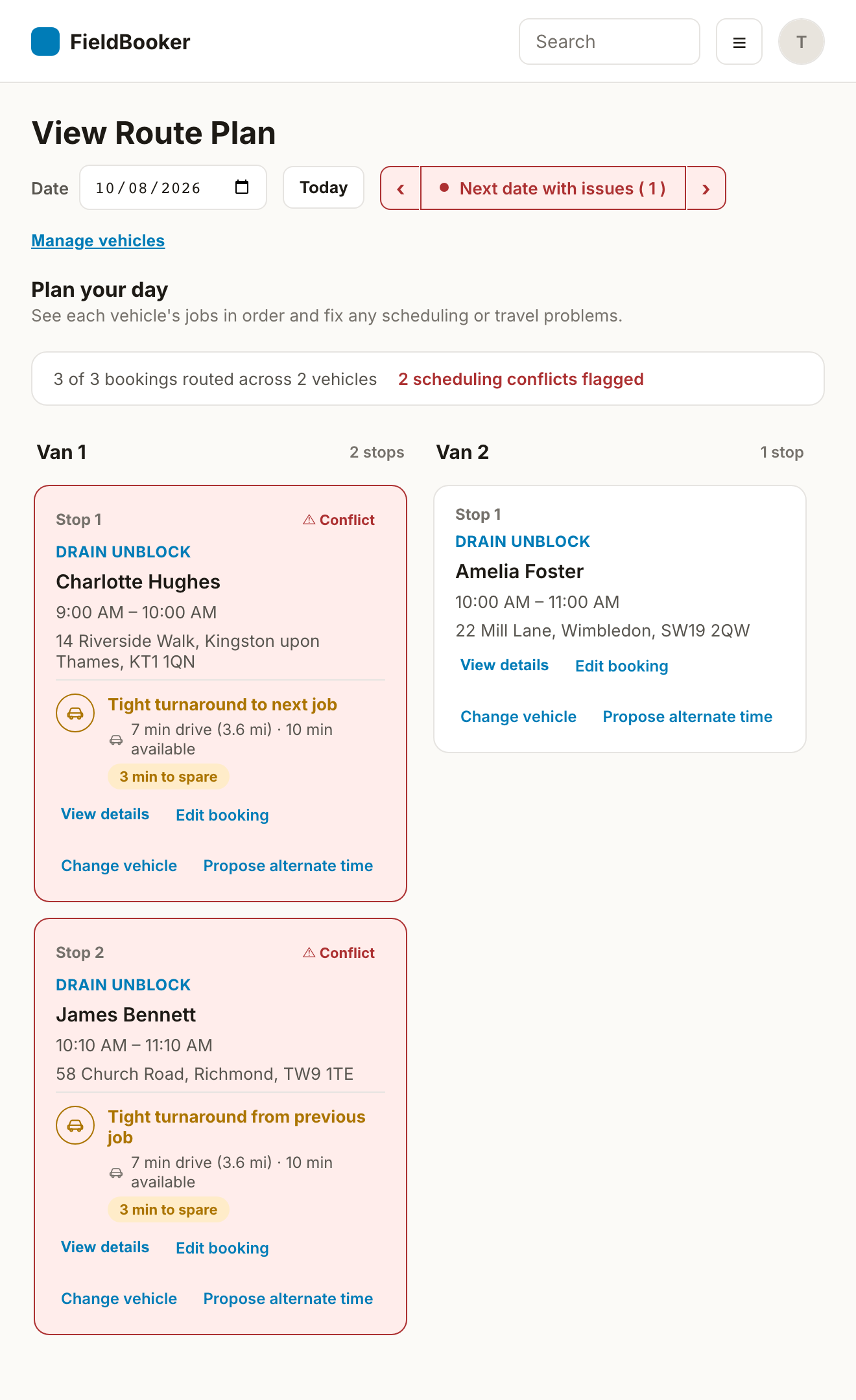 Screenshot of the Manage Routes page showing an auto-sequenced route with stops assigned to a vehicle